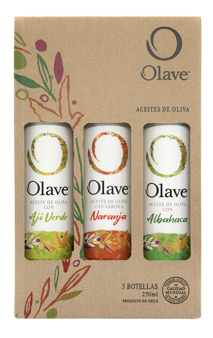 Pack-aceite-de-oliva-sabor-aji-verde,-naranja,-albahaca-3-botellas-de-250-ml-Marca-Olave