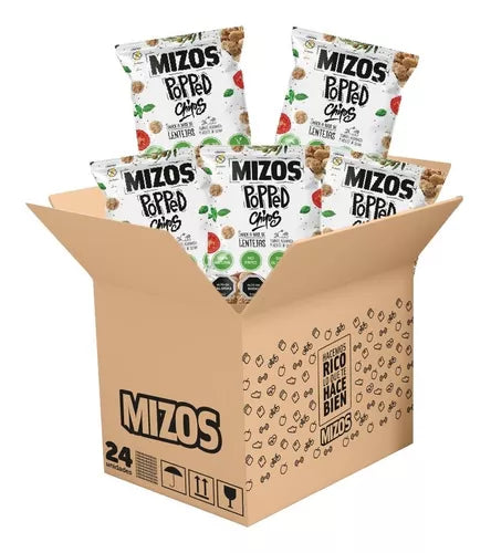 Caja popped chips de lentejas con tomate y albahaca 24 x 20 gramos Marca Mizos