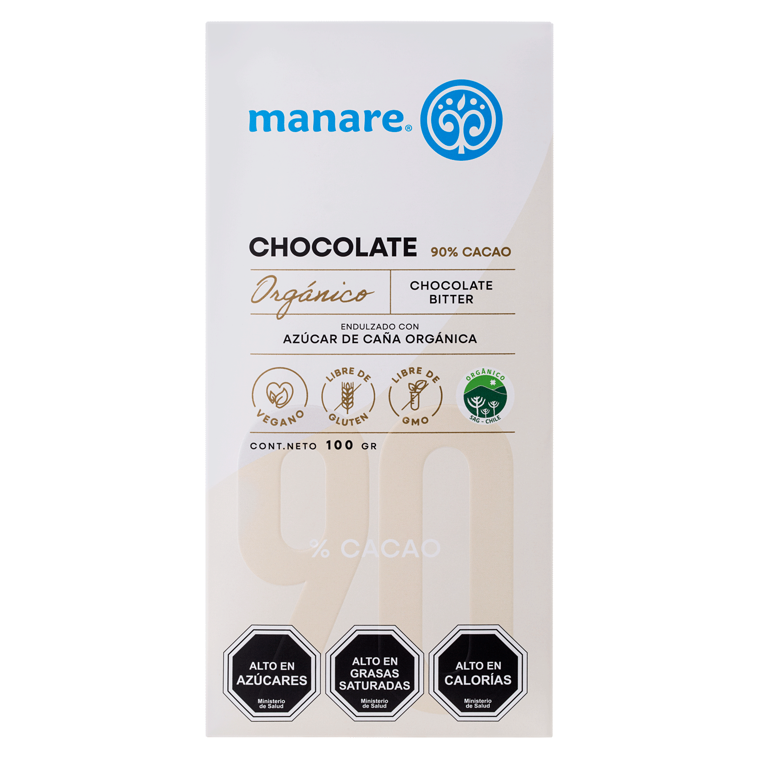 Barra de chocolate 90% cacao organico 100 gramos Marca Manare