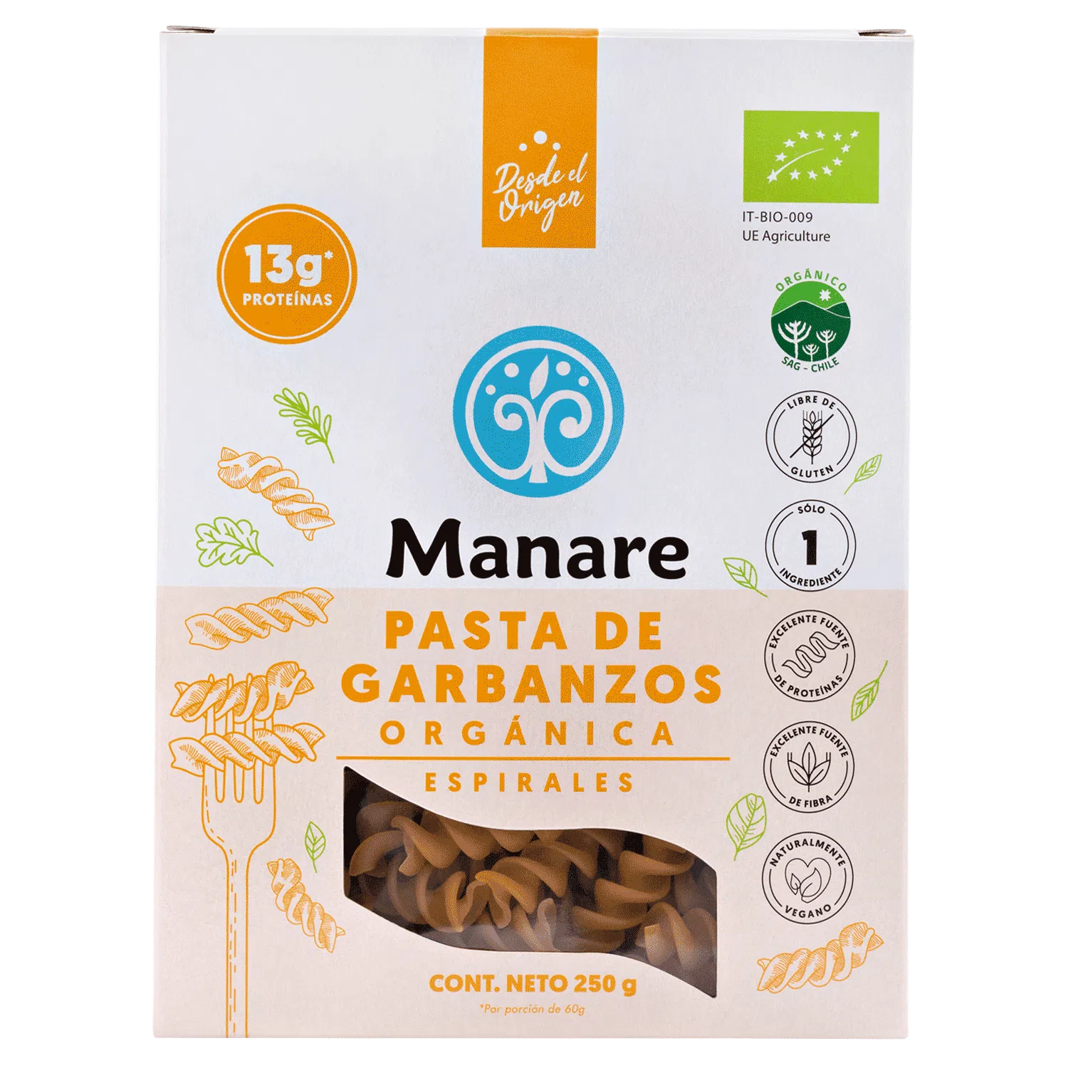 Pasta espirales de garbanzos organicos 250 gramos Marca Manare