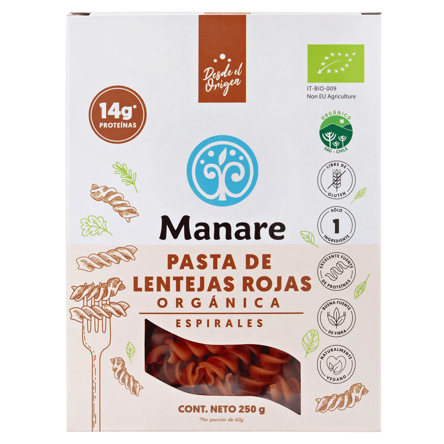 Pasta espirales de lentejas rojas organicas 250 gramos Marca Manare