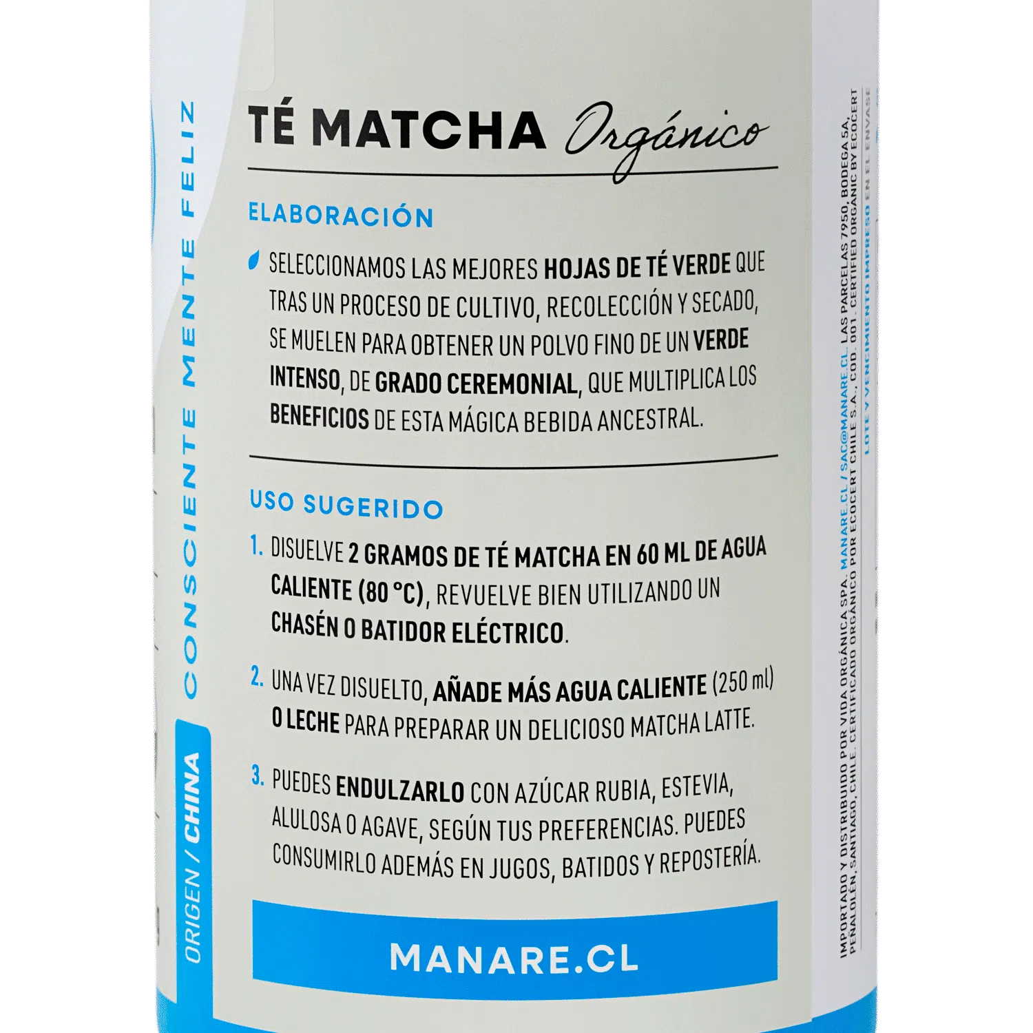 Te matcha organico en polvo 100 gramos Marca Manare