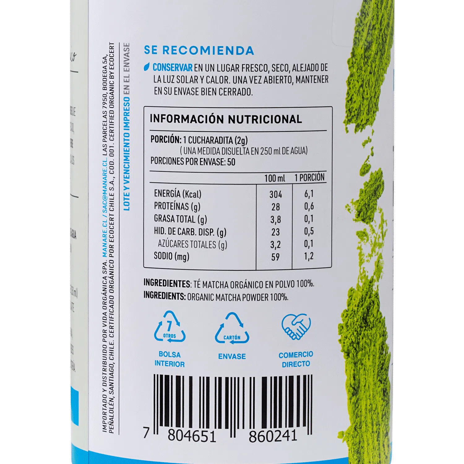 Te matcha organico en polvo 100 gramos Marca Manare