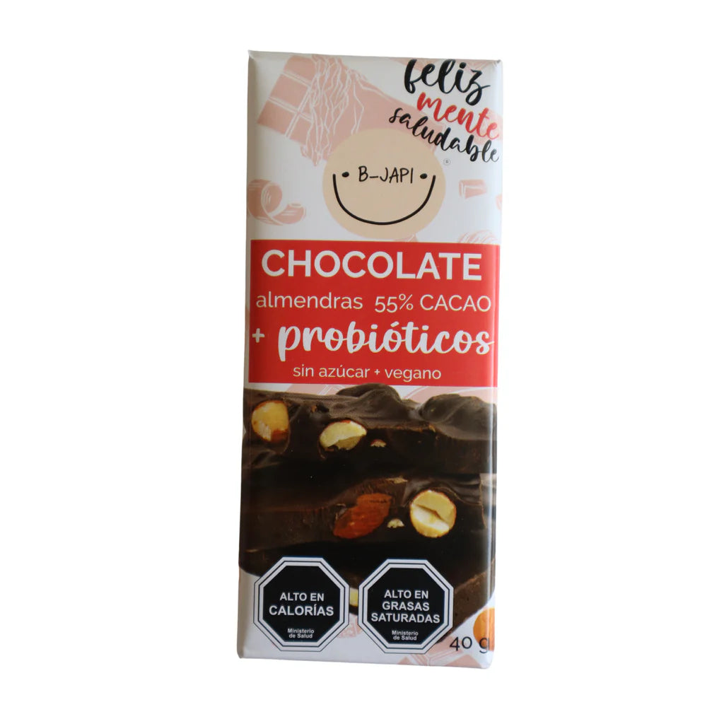Barra de chocolate bitter 55% cacao con almendras con probioticos 40 gramos Marca B-Japi