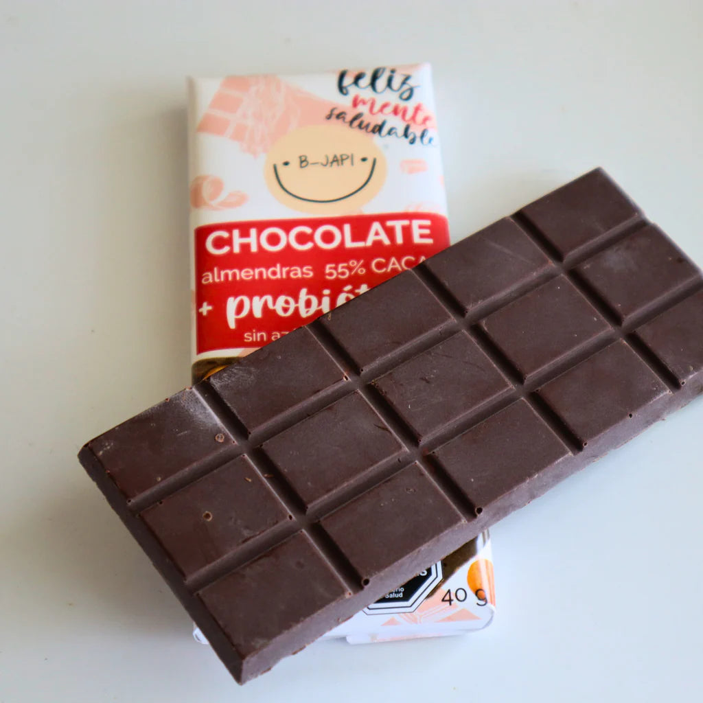 Barra de chocolate bitter 55% cacao con almendras con probioticos 40 gramos Marca B-Japi
