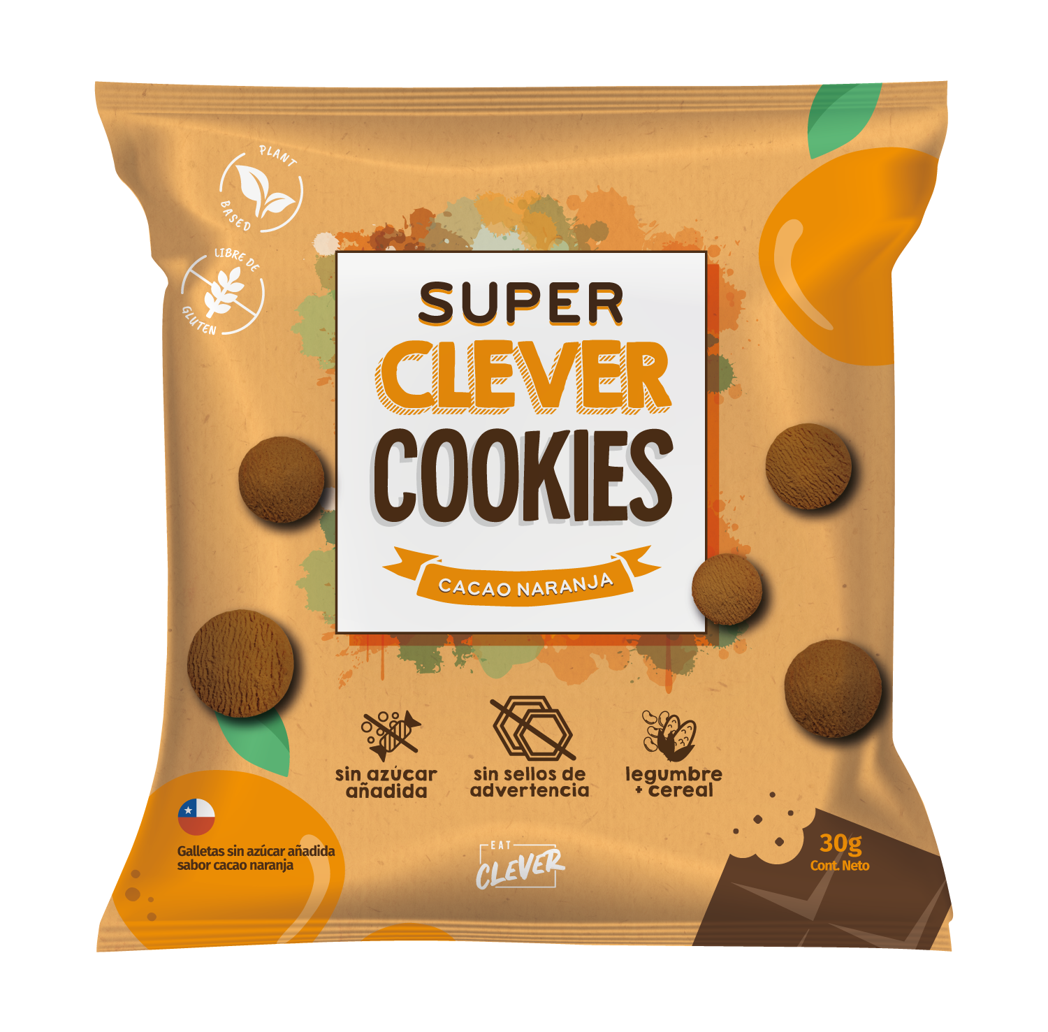 Super Clever Cookies Cacao Naranja Sin azúcar 30 gr