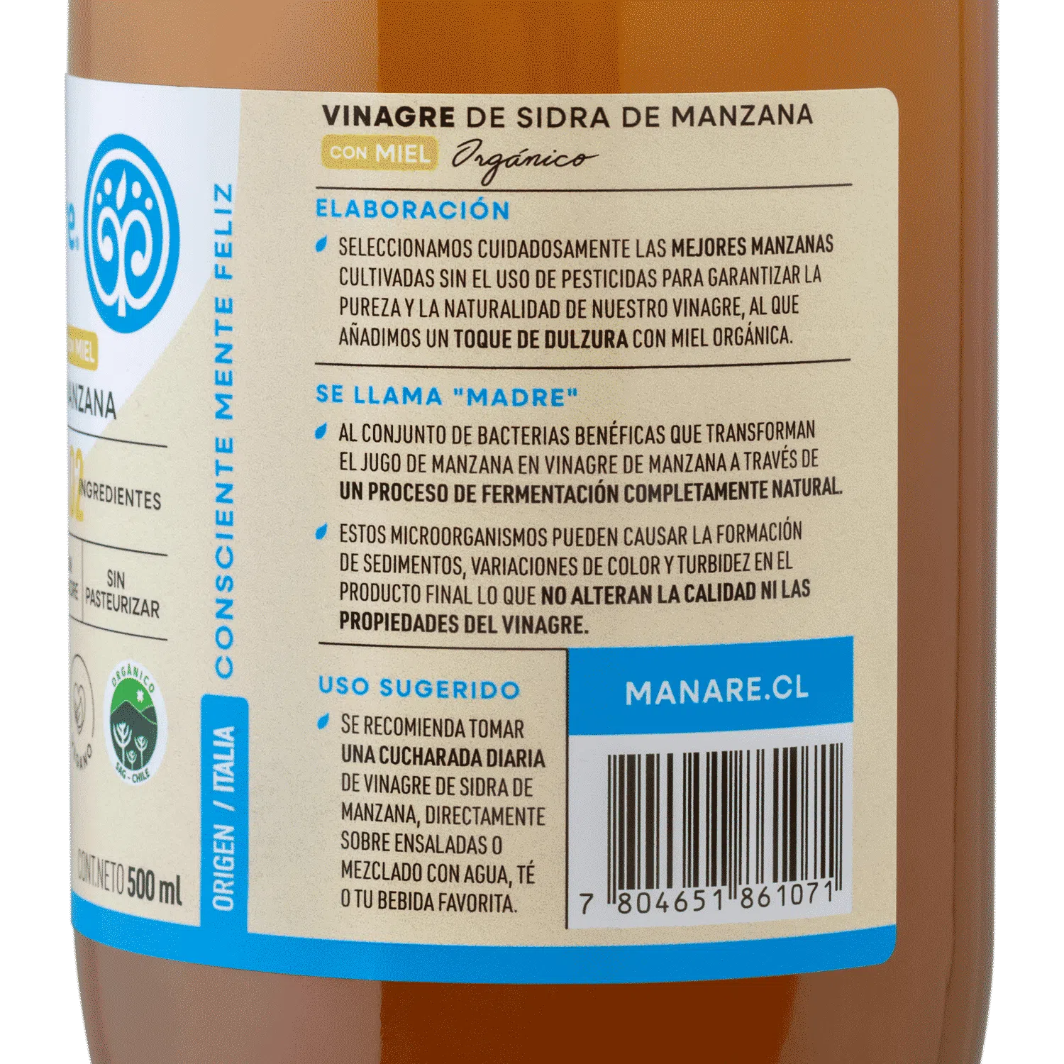 Vinagre de manzana con miel organico 500 ml Marca Manare