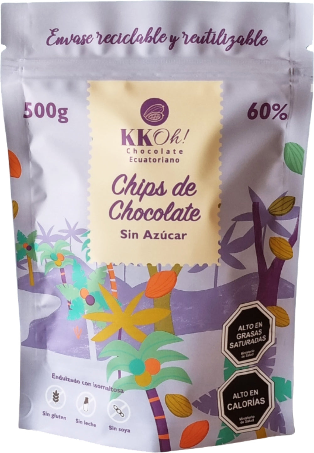 Chips de Chocolate ecuatoriano 60% Sin Azúcar, sin leche y sin gluten 500 grs. Kkoh