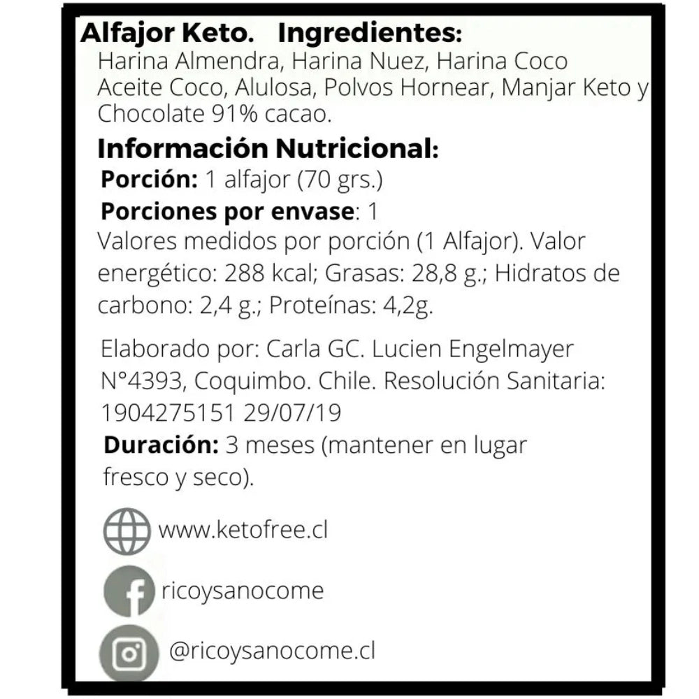 Alfajor Keto Relleno Manjar 85% Cacao Ketofree