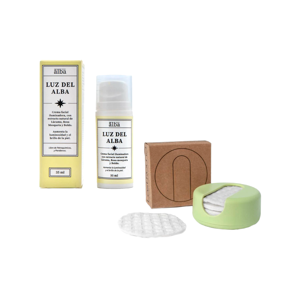 Box Brillo Sostenible, Set eco-amigable de crema iluminadora y algodones reutilizables