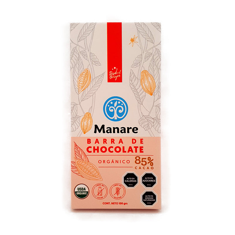 Barra de Chocolate Sin gluten Sin leche 85% Cacao Organico Manare