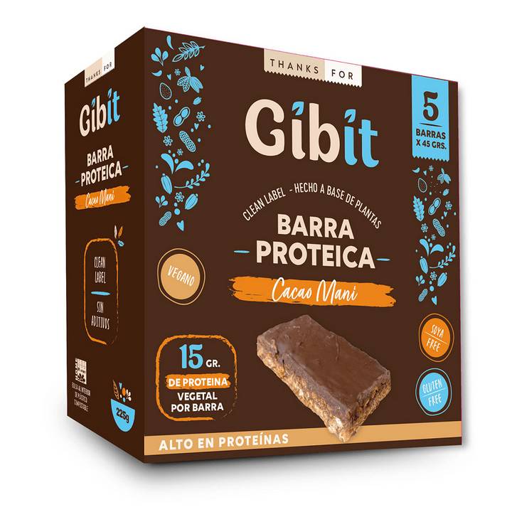 Barra Vegana Proteica Cacao Mani, 5 unidades, Gibit