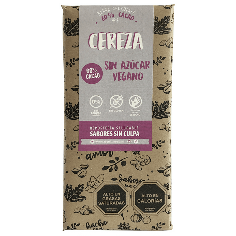 Barra de Chocolate con Cereza, 60% cacao sin azúcar, 80 grs. Sabores sin Culpa