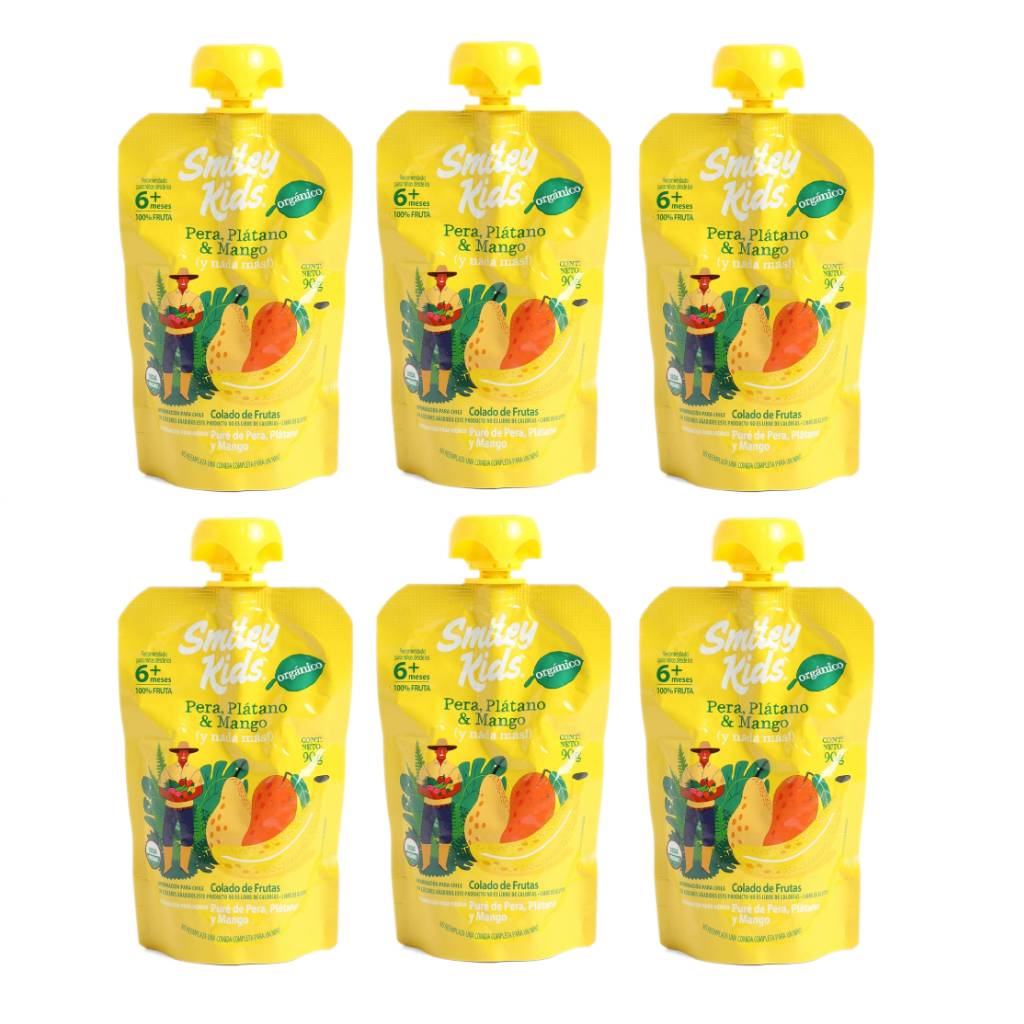 Pack de 6 Puré de Fruta Organico Pera, Platano, Mango Smiley Kids 90 grs