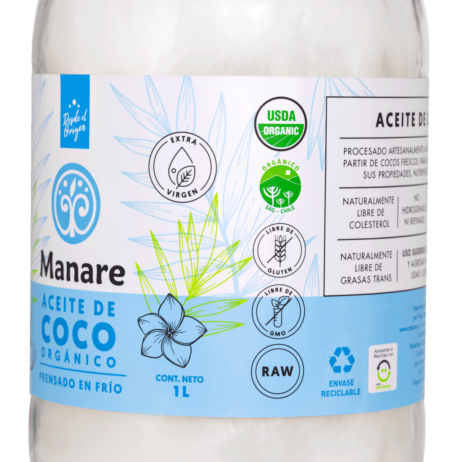 Aceite de Coco orgánico, 1l, Manare