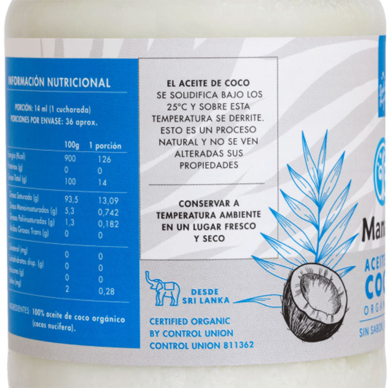 Aceite de Coco sin olor ni sabor 500 ml Manare