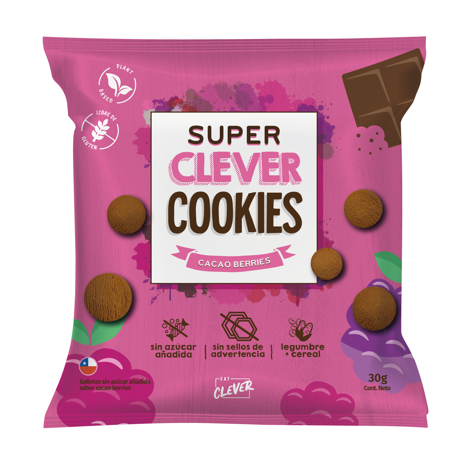 Super Clever Cookies Cacao Berries Sin azúcar 30 gr