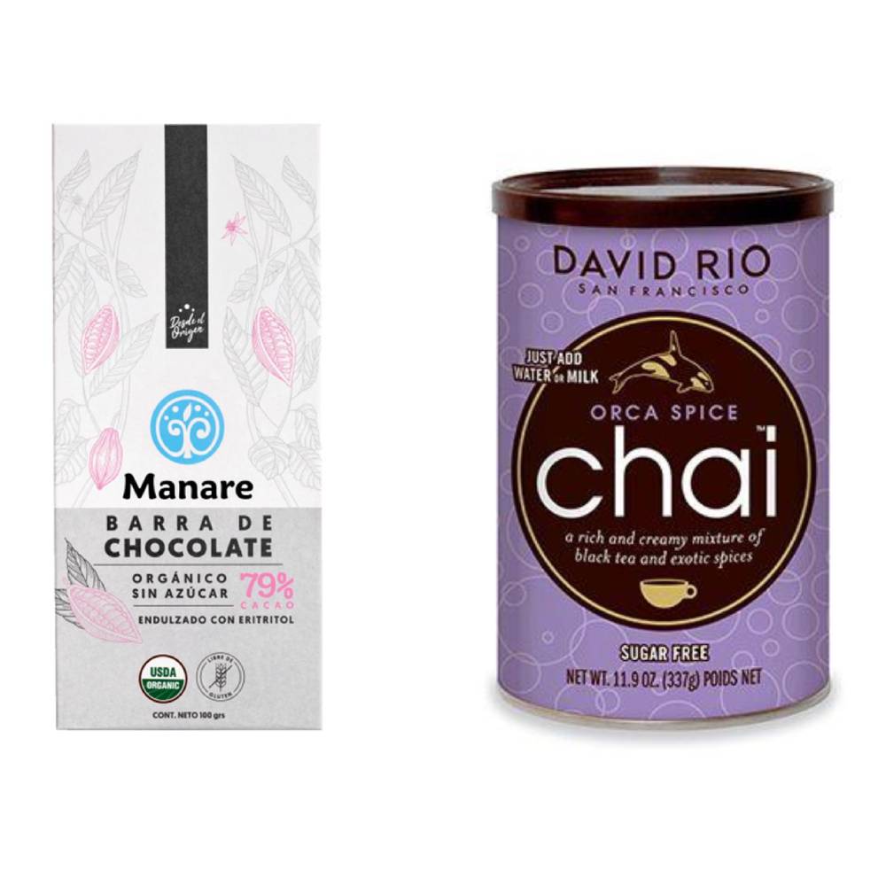 Box Chai: Orca Sugar Free  y barra chocolate 79% sin azucar Manare
