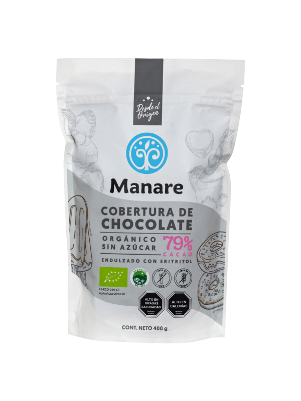 Cobertura Sin azucar 79% cacao organico 400 grs Manare