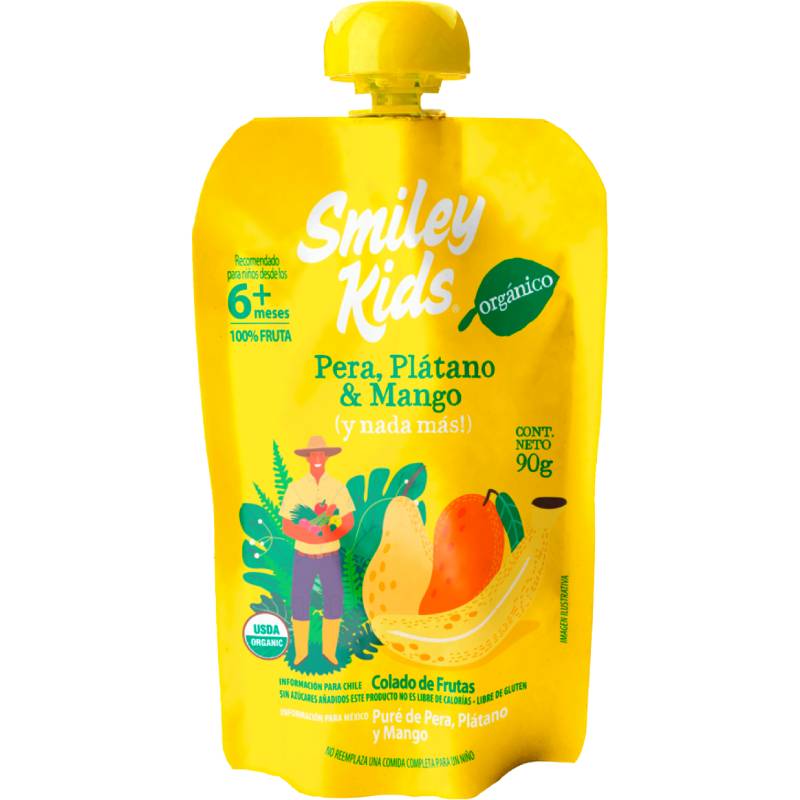 Puré de Fruta Organico Pera, Platano, Mango Smiley Kids 90 grs