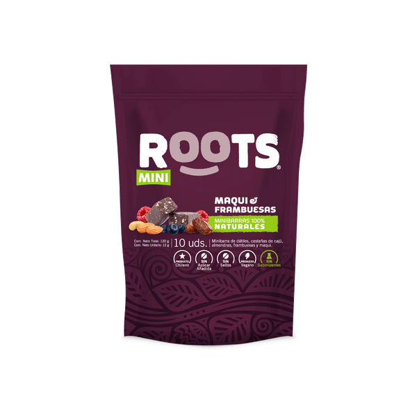 Mini barritas naturales Maqui y Frambuesa 10 unidades 120 grs Roots